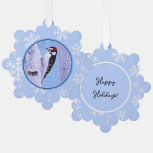 Downy Woodpecker Painting - Original Bird Art Tree Decoration Card