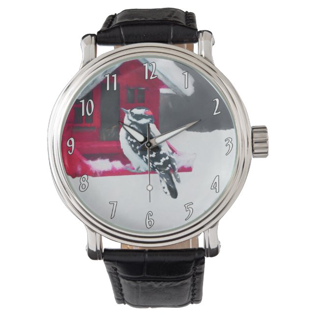 Downy Woodpecker Painting - Original Bird Art Watch (Front)