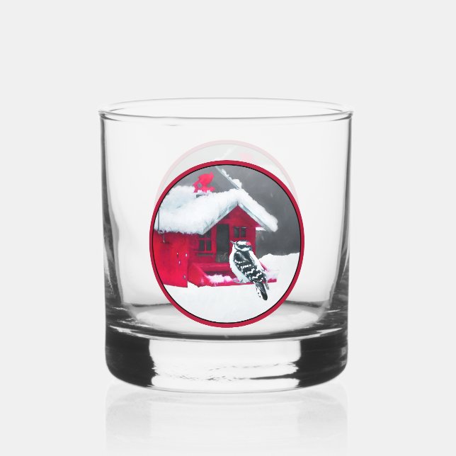Downy Woodpecker Painting - Original Bird Art Whiskey Glass (Front)