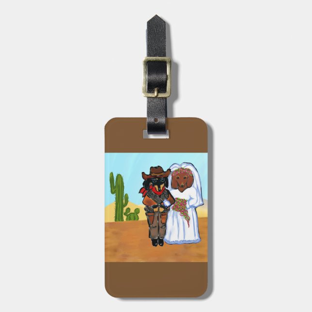 Doxie Cowboy Wedding Luggage Tag (Front Vertical)