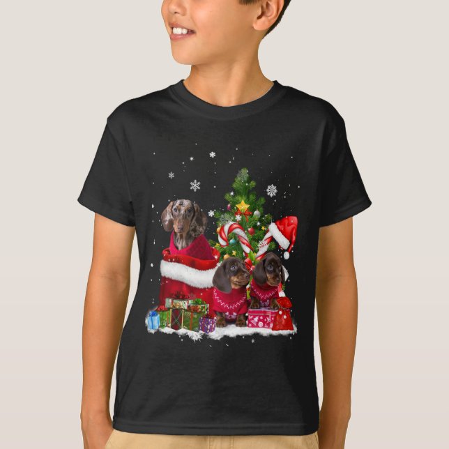 Doxie Dog Christmas Tree Lights Pyjamas Xmas Match T-Shirt (Front)