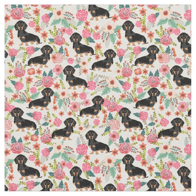 Doxie Floral Fabric - black and tan doxie - cream (Close Up)