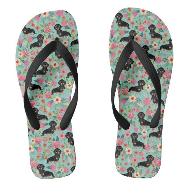Doxie Florals Flip Flops - black and tan doxie (Footbed)