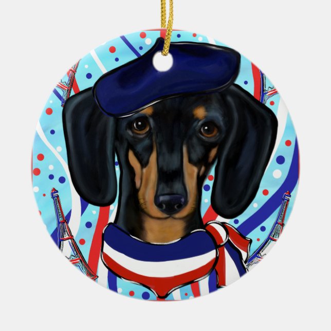 Doxie in Paris Ceramic Tree Decoration (Front)