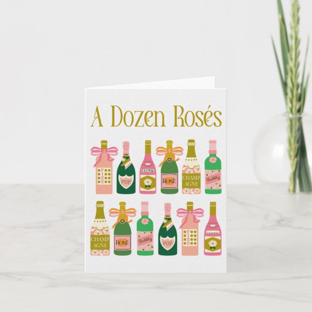 Dozen Rosés Pink Champagne Bottles Pop Fizz Clink Note Card (Front)
