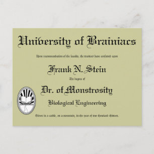Dr. Frankenstein's diploma, postcard