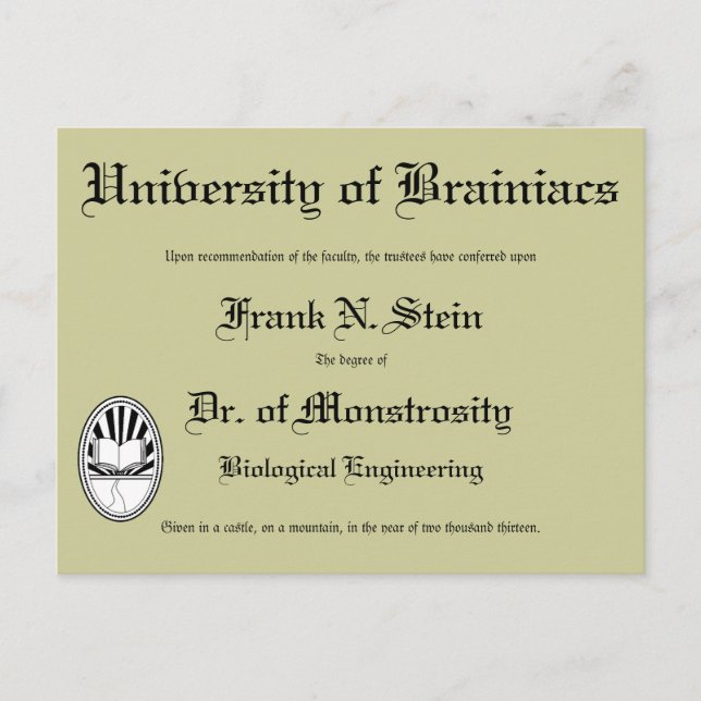 Dr. Frankenstein's diploma, postcard (Front)
