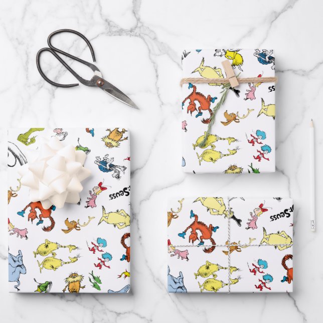 Dr. Seuss Character Confetti | Kids Birthday Wrapping Paper Sheet (Front)