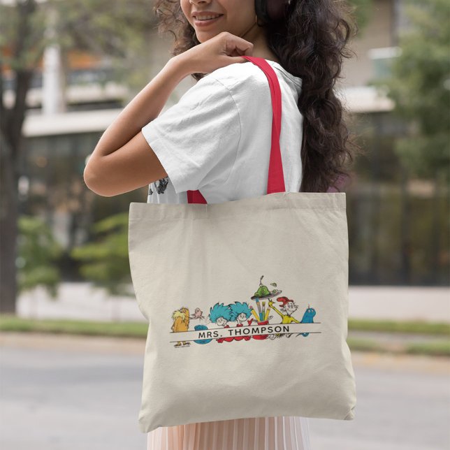 Dr. Seuss Characters & Teacher Name Tote Bag (Person carrying tote)