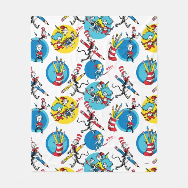 Dr. Seuss | Characters With Pencils Pattern Fleece Blanket (Front)