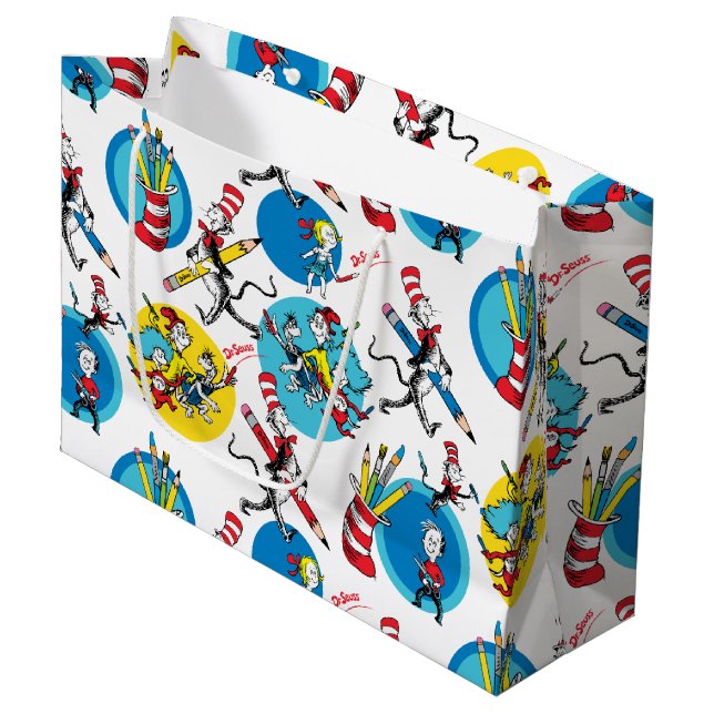 Dr. Seuss | Characters With Pencils Pattern Large Gift Bag (Front Angled)