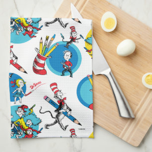 Dr. Seuss   Characters With Pencils Pattern Tea Towel