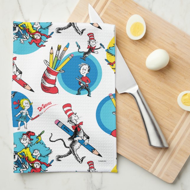 Dr. Seuss | Characters With Pencils Pattern Tea Towel (Quarter Fold)