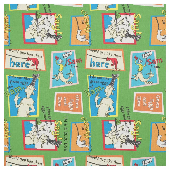 Dr. Seuss Green Eggs and Ham Story Quotes Fabric (Swatch)