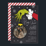 Dr. Seuss | Grinch Chalkboard Baby Shower Invitation<br><div class="desc">Celebrate the upcoming arrival of your little one with our delightful Grinch-themed baby shower invitations! These charming invitations feature a whimsical chalkboard background adorned with delicate snowflakes, perfectly capturing the festive spirit. The mischievous Grinch hand, holding an ornament, adds a playful touch, making these invitations truly unique. Customise the ornament...</div>