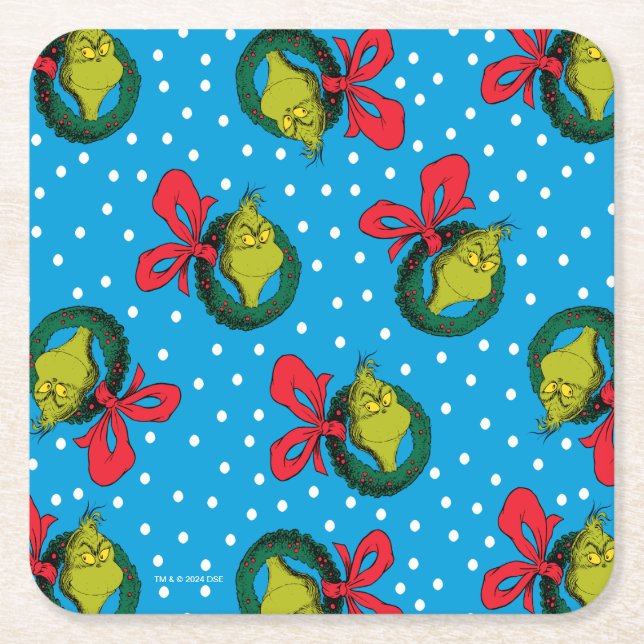 Dr. Seuss | Grinch | Christmas Wreath Pattern Square Paper Coaster (Front)