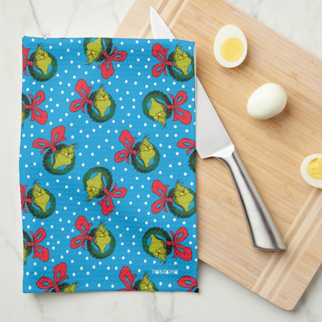Dr. Seuss | Grinch | Christmas Wreath Pattern Tea Towel (Quarter Fold)