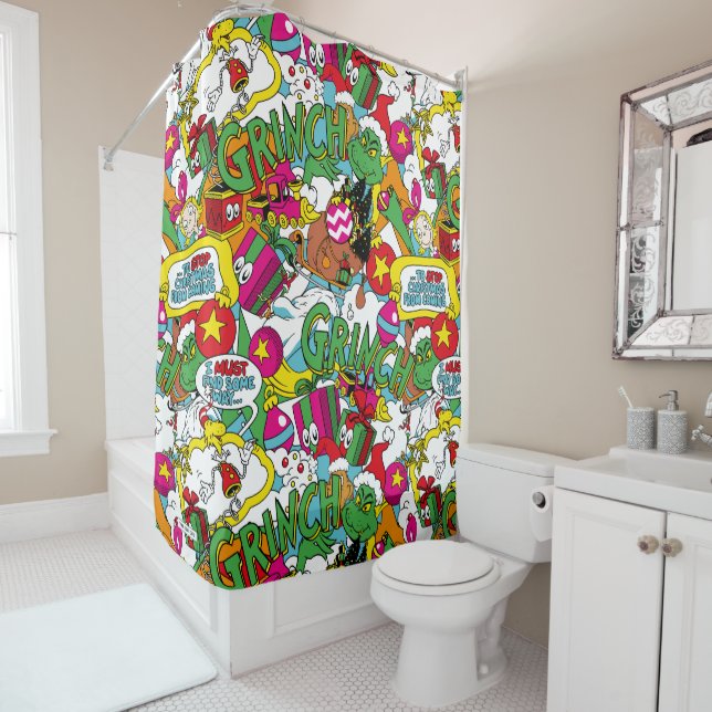 Dr. Seuss | Grinch Colourful Pattern Shower Curtain (In Situ)