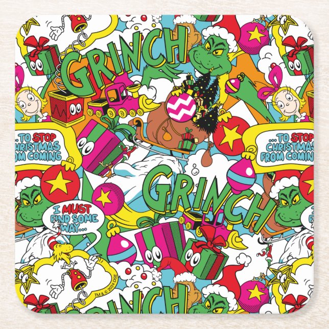 Dr. Seuss | Grinch Colourful Pattern Square Paper Coaster (Front)