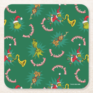 Dr. Seuss   Grinch   Merry Grinchmas Pattern Square Paper Coaster