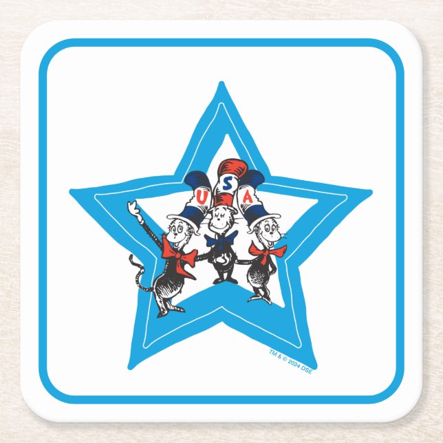 Dr. Seuss | Little Cats USA Hats Graphic Square Paper Coaster (Front)