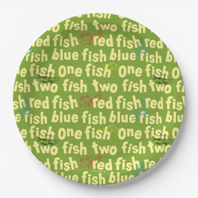 Dr. Seuss | One Fish Two Fish Typography Pattern Paper Plate (Front)