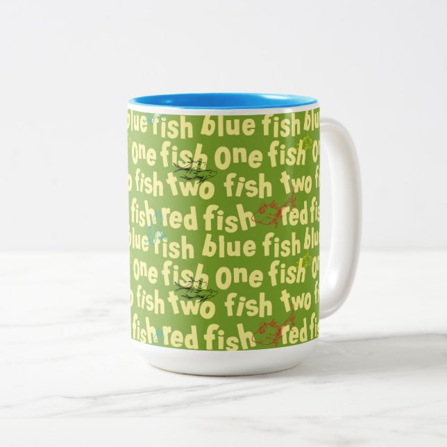Dr. Seuss | One Fish Two Fish Typography Pattern Two-Tone Coffee Mug (Front Right)