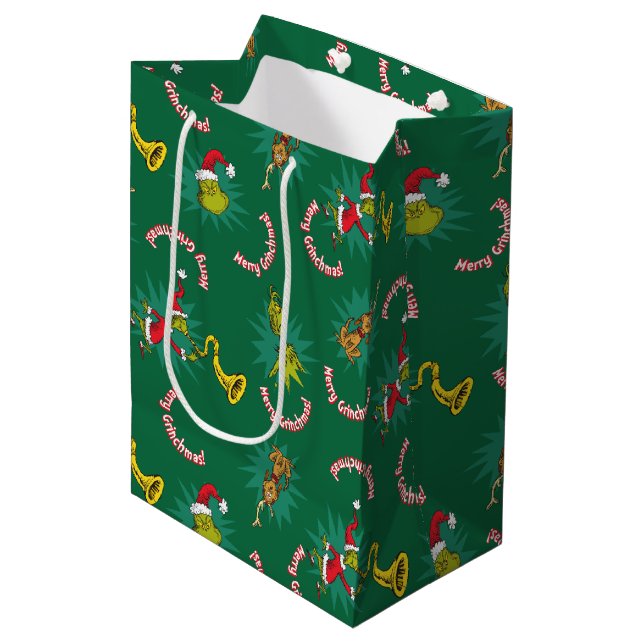 Dr Seuss | The Grinch | Merry Grinchmas Pattern Medium Gift Bag (Front Angled)