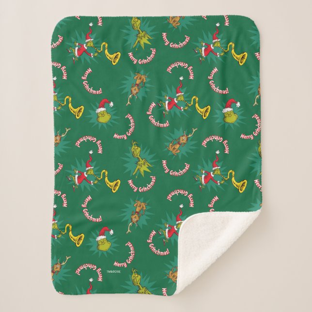 Dr Seuss | The Grinch | Merry Grinchmas Pattern Sherpa Blanket (Front)