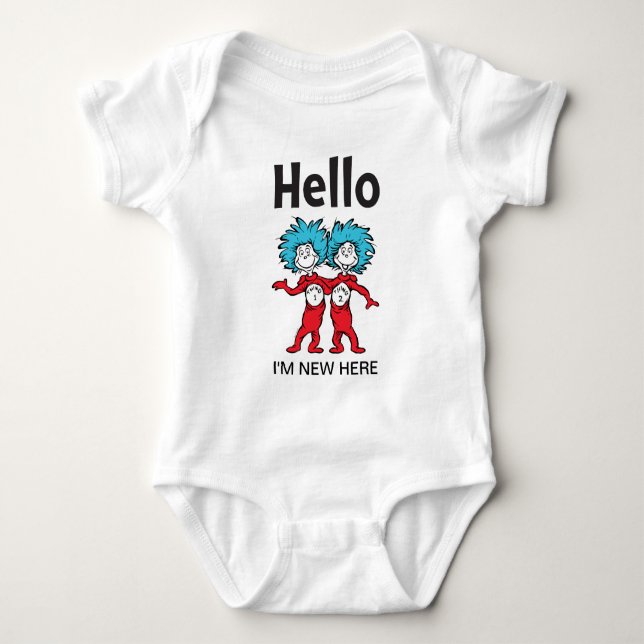 Dr. Seuss Thing One Thing Two | Hello I'm New Here Baby Bodysuit (Front)