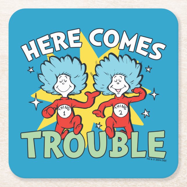 Dr. Seuss | Thing One Thing Two Here Comes Trouble Square Paper Coaster (Front)