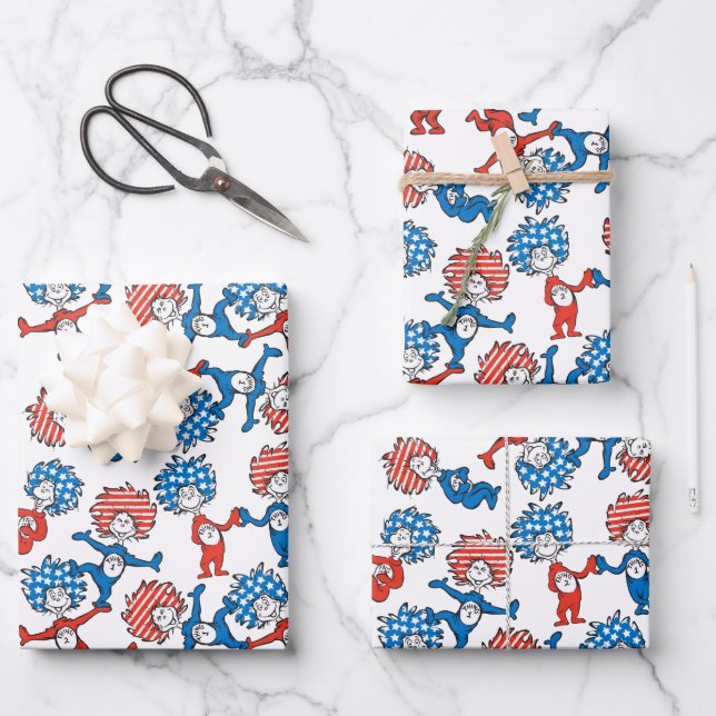 Dr. Seuss | Thing One Thing Two US Flag Pattern Wrapping Paper Sheet (Front)