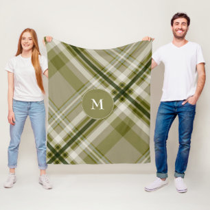 drab olive and beige plaid monogrammed fleece blanket
