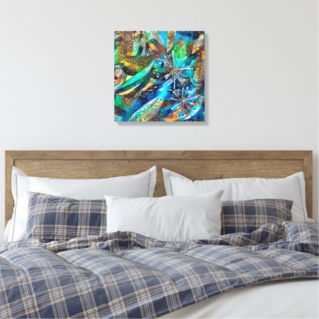 Dracaena Abstract Calm Blue stretched canvas print (Insitu(Bedroom))
