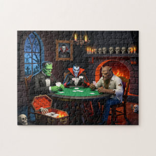 Dracula and Frankenstein Halloween Monster Poker Jigsaw Puzzle