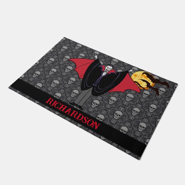 Dracula Halloween Custom Name Skulls Bats Doormat (Angled)