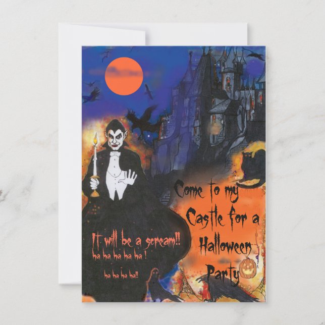 Dracula Long Black Cape and Spooky Castle Art Invitation (Front)