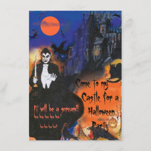 Dracula Long Black Cape and Spooky Castle Art Invitation
