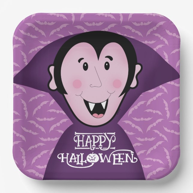 Dracula Vampire Bat Halloween Purple Bats  Paper Plate (Front)