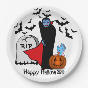 Dracula Zombie Hand Pumpkin Bats And A Tombstone Paper Plate