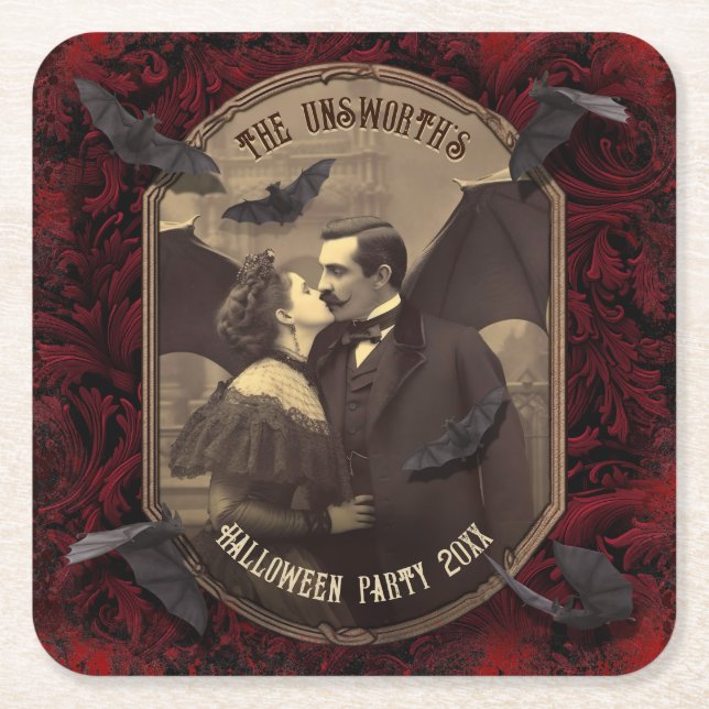 Dracula's Romantic Vampire Kiss Halloween Party  Square Paper Coaster (Front)