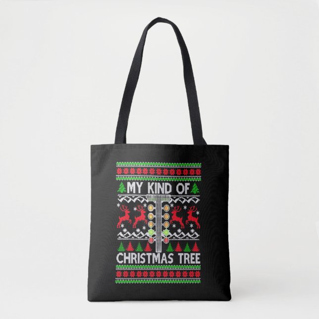 Drag Racing Christmas Tree Ugly Xmas Sweater Tote Bag (Front)