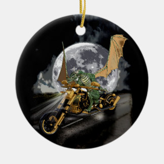 Drag-racing Dragon and Moon Fantasy Artwork Ceramic Tree Decoration