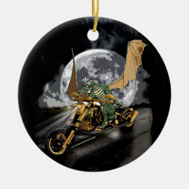 Drag-racing Dragon and Moon Fantasy Artwork Ceramic Tree Decoration (Front)