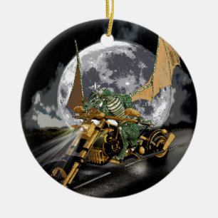 Drag-racing Dragon and Moon Fantasy Artwork Ceramic Tree Decoration