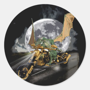 Drag-racing Dragon and Moon Fantasy Artwork Classic Round Sticker
