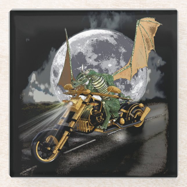 Drag-racing Dragon and Moon Fantasy Artwork Glass Coaster (Front)
