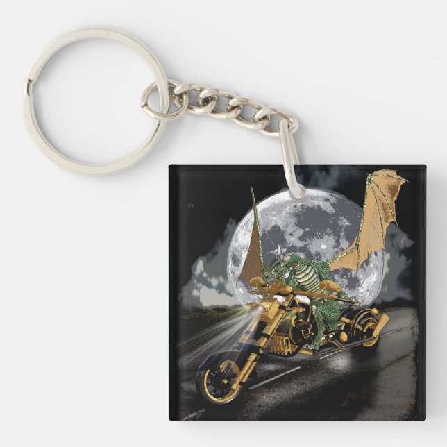 Drag-racing Dragon and Moon Fantasy Artwork Key Ring (Front)