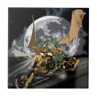Drag-racing Dragon and Moon Fantasy Artwork Tile