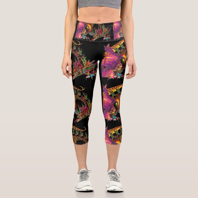 DRAGO Fantasy Dragon in Gold Black Pink Purple  Capri Leggings (Front)
